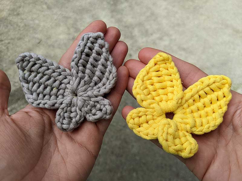 two crochet Tunisian butterflies - gray and yellow