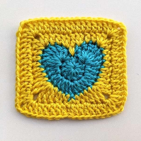 crochet blue and yellow solid heart granny square