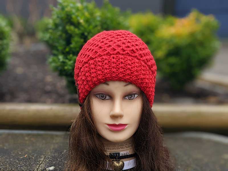 crochet diamond hat on mannequin - front view