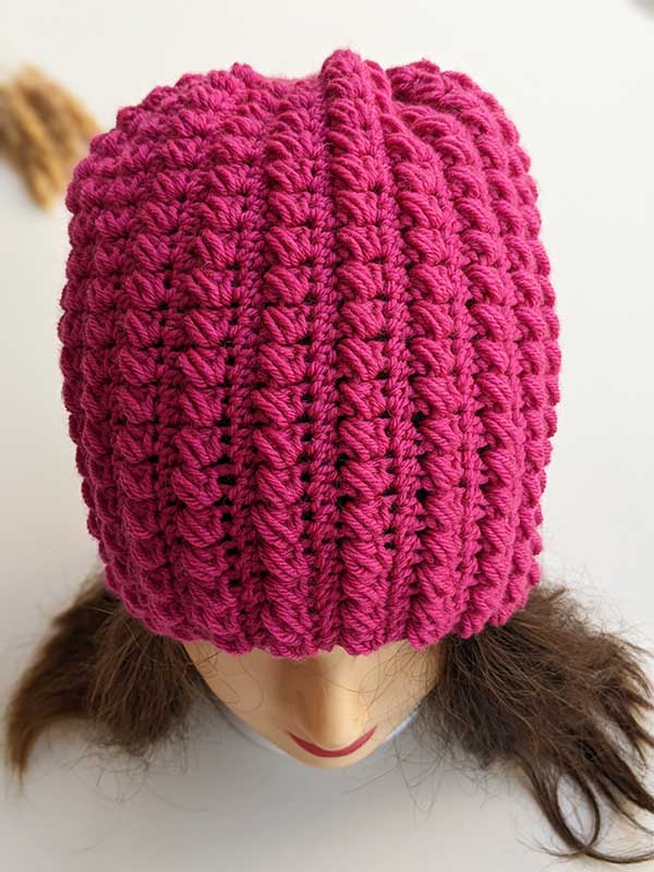 flat crochet puff stitch hat - front view