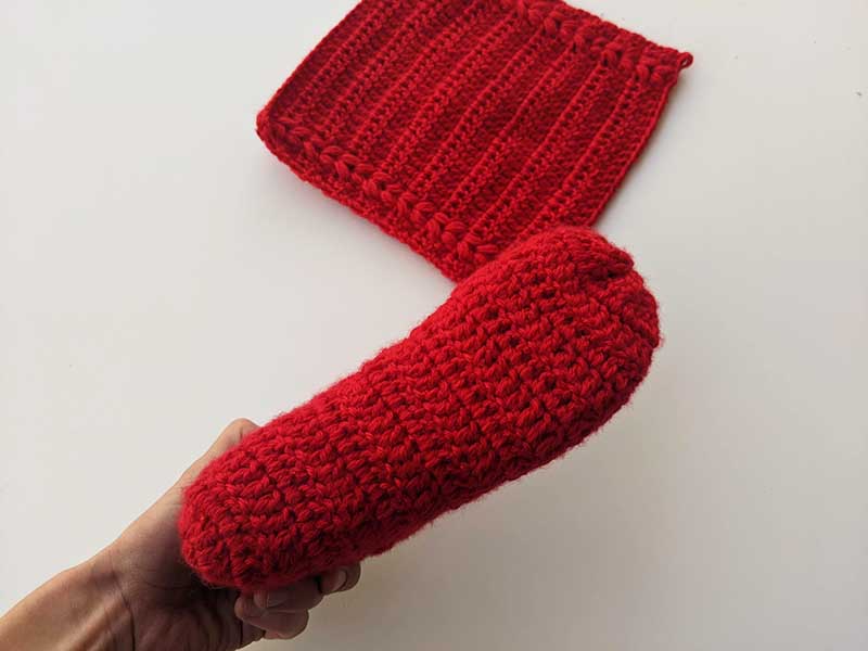 flat crochet red slipper socks - bottom view