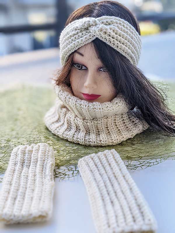 crochet ribbed fingerless hand warmers, matching neck warmer and ear warmer