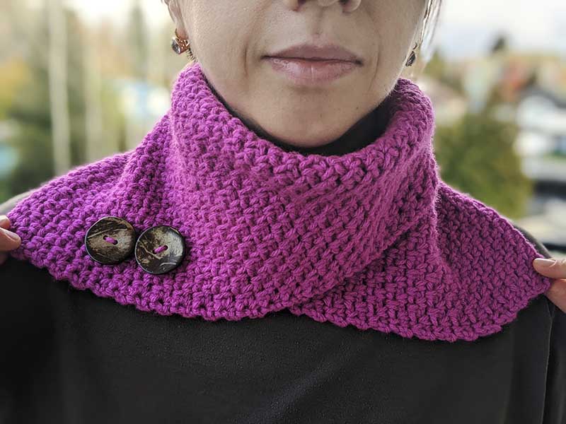 crochet rectangular scarf on a female model