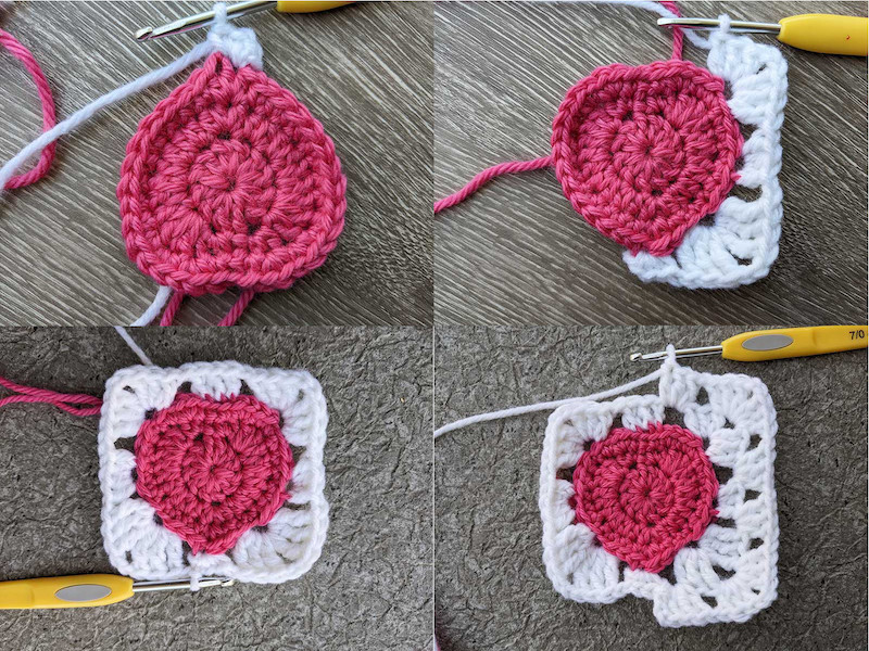 crochet strawberry granny square - rounds 4-5, forming a square around the strawberry