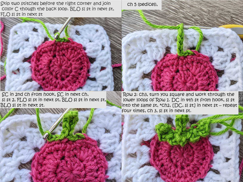 crochet strawberry granny square - rows 1-2, forming strawberry leaves