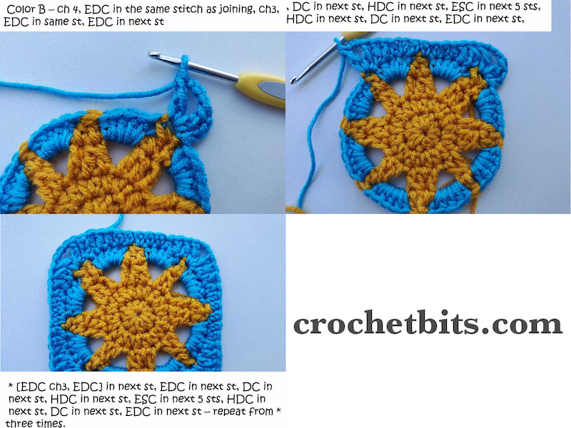 small-sized crochet sun granny square - round five