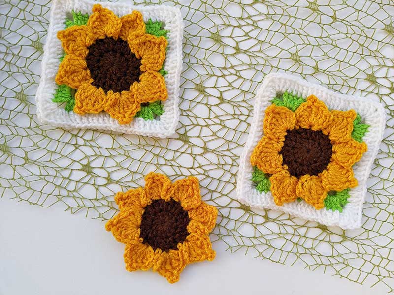 crochet sunflower and two matching sunflower granny squares