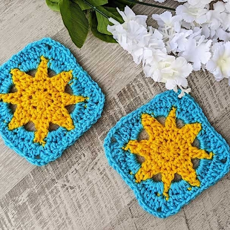 two crochet sun granny squares made in yellow and blue colors