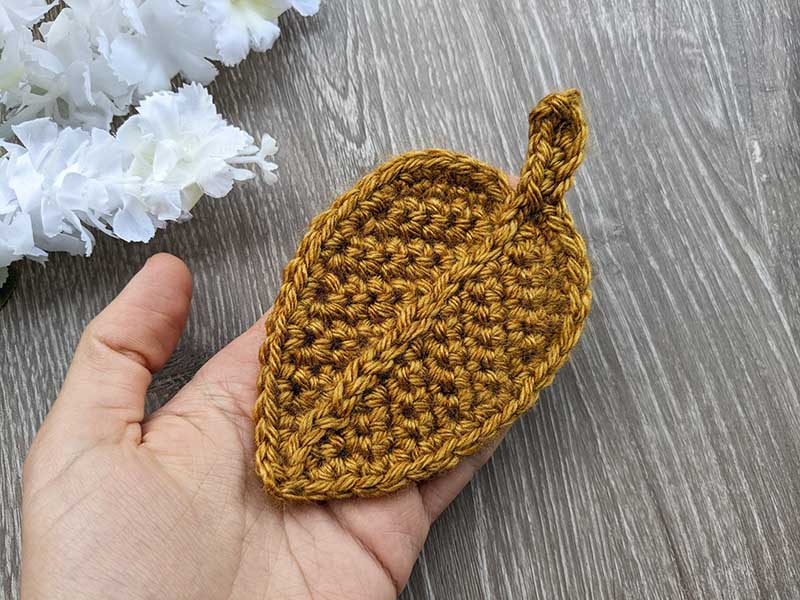 brown yarn crochet autumn leaf with a petiole and a midrib