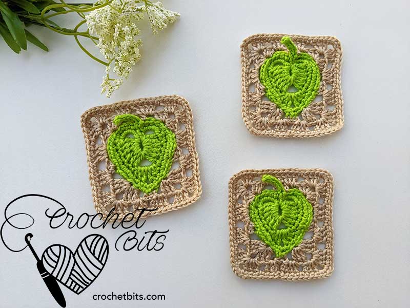 three crochet monstera leaf granny squares arranged in a composition