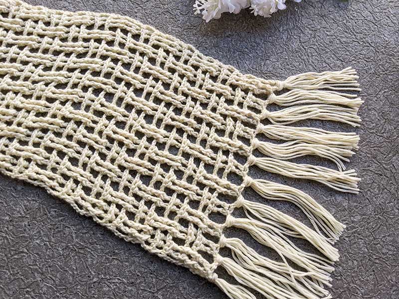crochet lace scarf with decor elements (fringes) on both ends