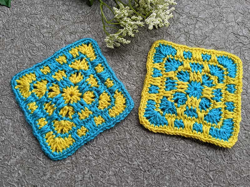 two crochet mosaic granny squares