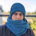 crochet blue men's hat with double brim and scarf on male model - front view