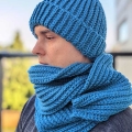 crochet blue men's hat with double brim and scarf on male model - left side view