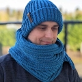 crochet blue men's hat with double brim and scarf on male model - right side view