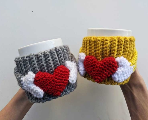 crochet cup cozy with a heart pattern