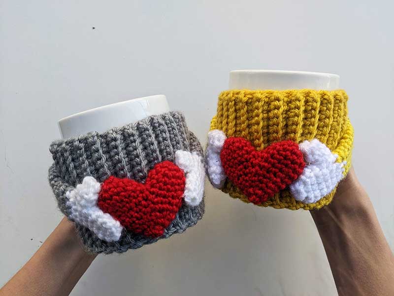 crochet cup cozy with a heart pattern