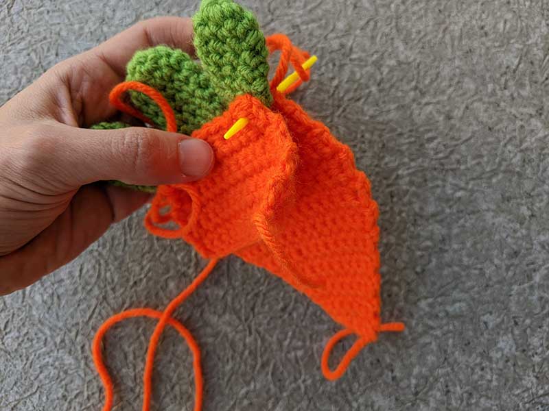 crochet carrot pocket assembly - step two