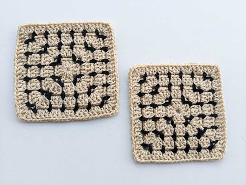 two crochet pillow granny squares next to each other