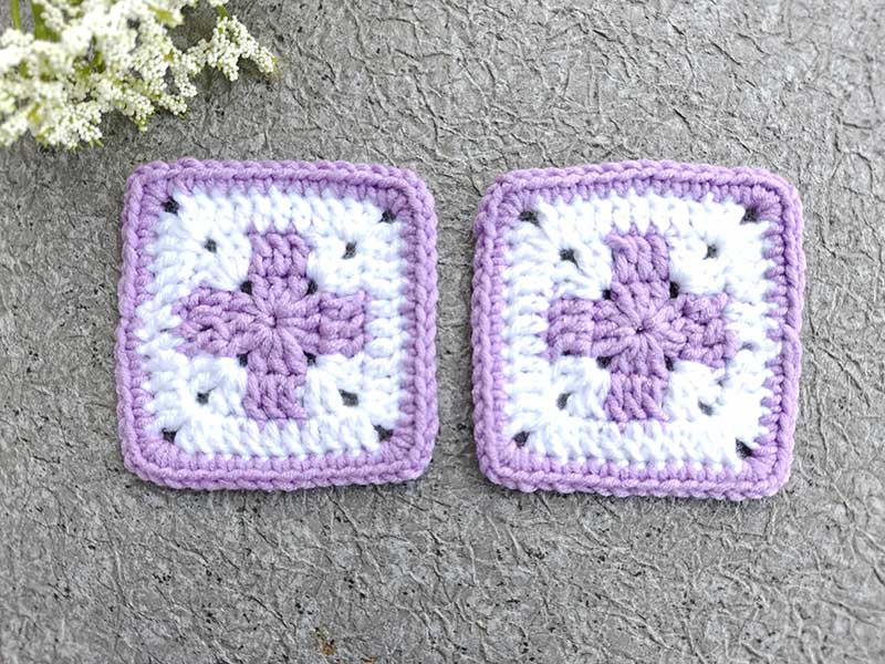 crochet motif granny with a centrally places cross that has equal width and length of the stem and crossbar
