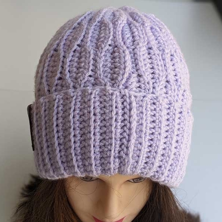 crochet ripple hat on the mannequin's head - front side view