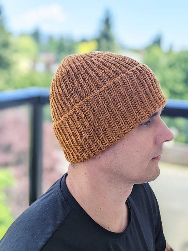 crochet casual unisex beanie on a male model